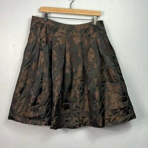 Talbots Pleated Satin Taffeta Abstract Floral A-Line Brown Black Skirt 14 Petite